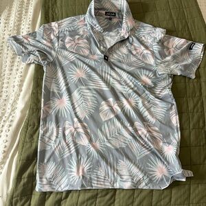 Bad Birdie Men's Tropical Leaf Polo - Soft Blue and Pink